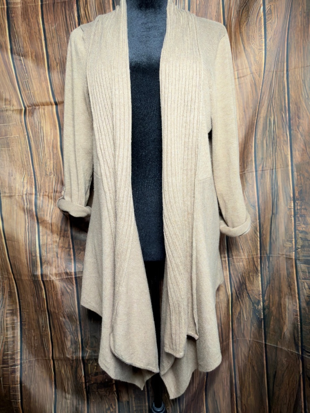 Coldwater Creek M Taupe Drape Front Cardigan Roll Tab Sweater